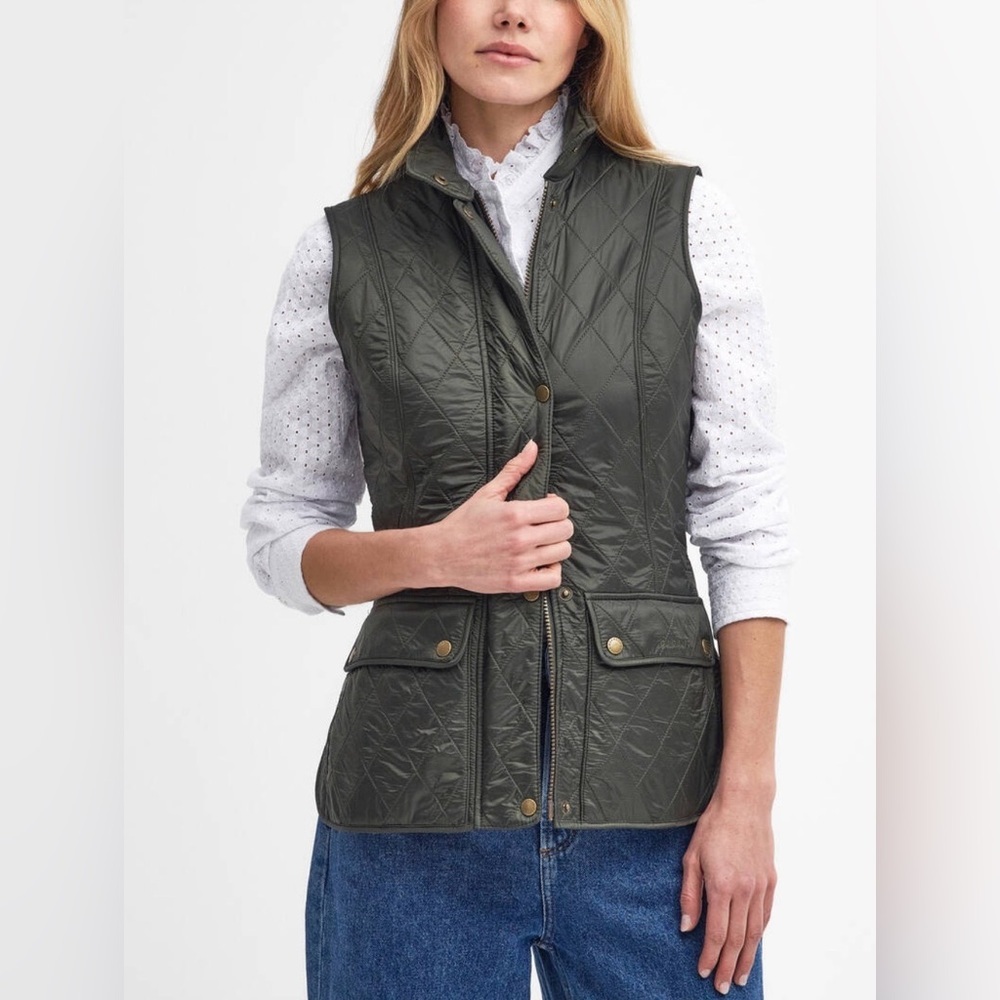 Barbour Women’s Olive Green Wray Gilet Diamond Quilted Fleece Lined Vest Size 10